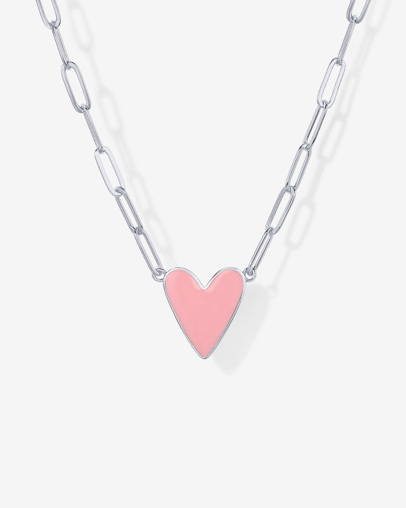 Enamel Heart Pendant Necklace #Variant_White Gold / Pink Enamel  