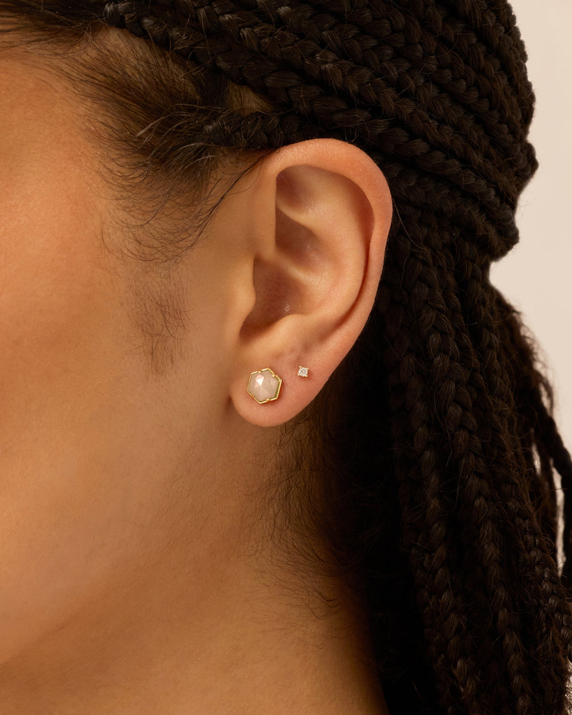 Hexagon Gemstone Stud Earrings #Variant_Yellow Gold/Rose Quartz  