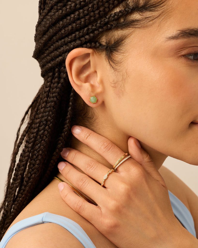 Hexagon Gemstone Stud Earrings #Variant_Yellow Gold/Green Flourite  