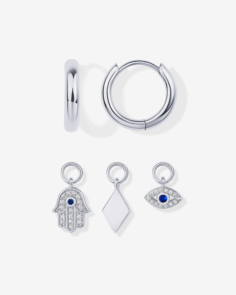 Mix and Match Huggie and Hamsa & Evil Eye Charm Set #Variant_White Gold  