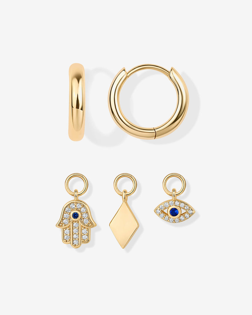 Mix and Match Huggie and Hamsa & Evil Eye Charm Set #Variant_Yellow Gold  