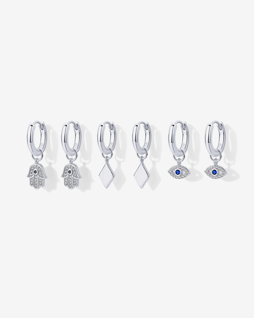 Mix and Match Huggie and Hamsa & Evil Eye Charm Set #Variant_White Gold  