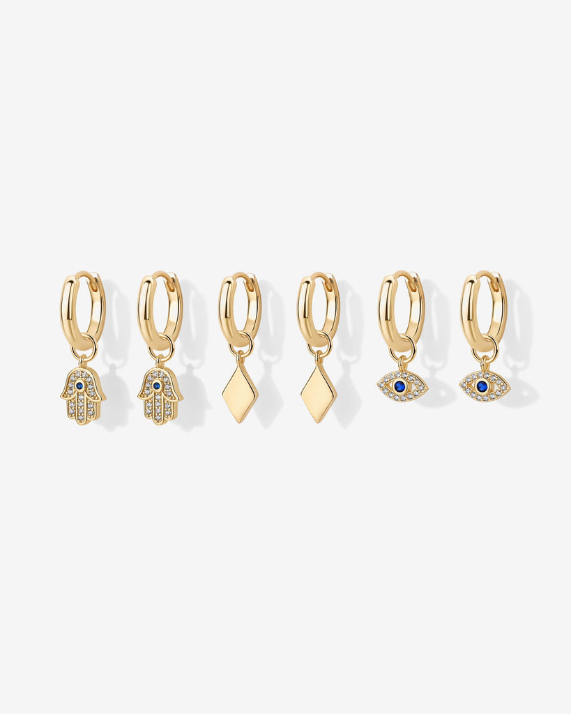 Mix and Match Huggie and Hamsa & Evil Eye Charm Set #Variant_Yellow Gold  