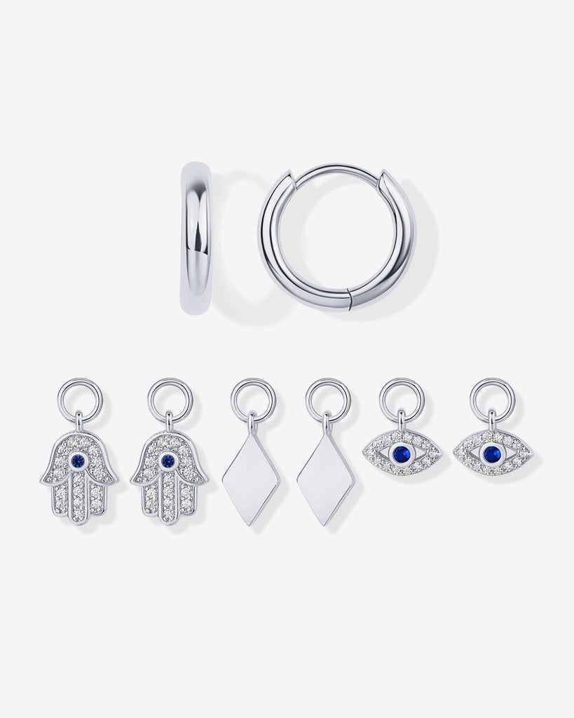 Mix and Match Huggie and Hamsa & Evil Eye Charm Set #Variant_White Gold  