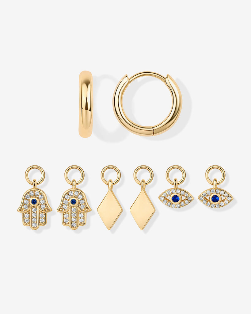 Mix and Match Huggie and Hamsa & Evil Eye Charm Set #Variant_Yellow Gold  