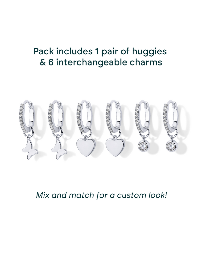 Mix and Match Huggie and Heart Charm Set #Variant_White Gold  