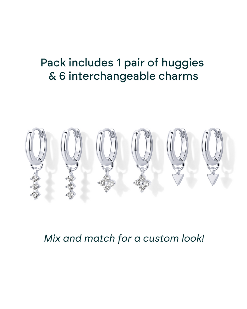 Mix and Match Huggie and Flower Charm Set #Variant_White Gold  