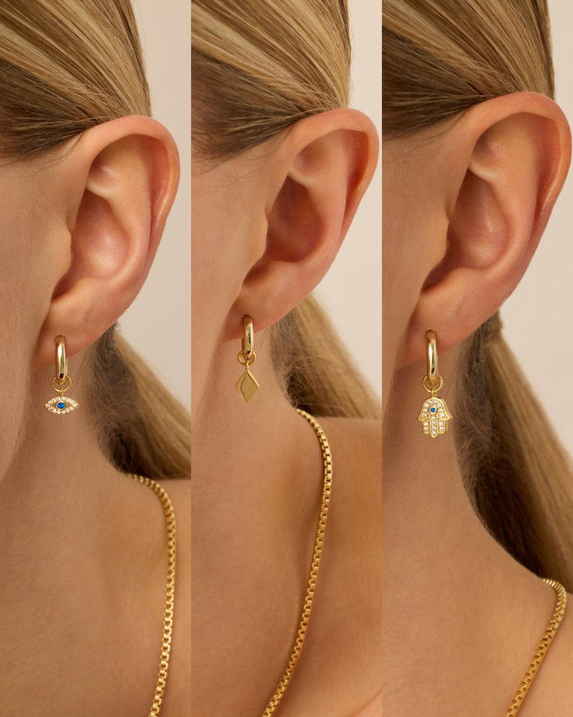 Mix and Match Huggie and Hamsa & Evil Eye Charm Set #Variant_Yellow Gold  