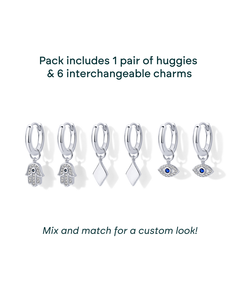 Mix and Match Huggie and Hamsa & Evil Eye Charm Set #Variant_White Gold  