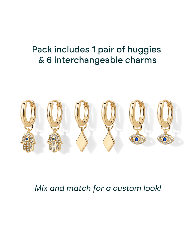Mix and Match Huggie and Hamsa & Evil Eye Charm Set #Variant_Yellow Gold  
