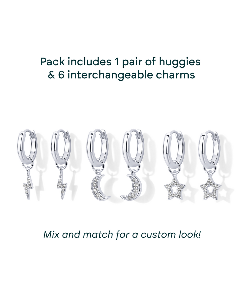 Mix and Match Huggie and Celestial Charm Set #Variant_White Gold  