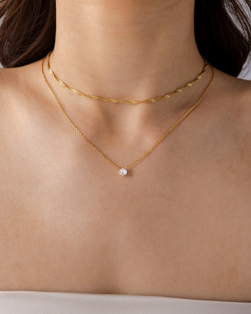 Round Solitaire Layered Necklace Set #Variant_White Gold  