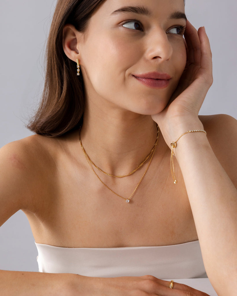 Round Solitaire Layered Necklace Set #Variant_White Gold  