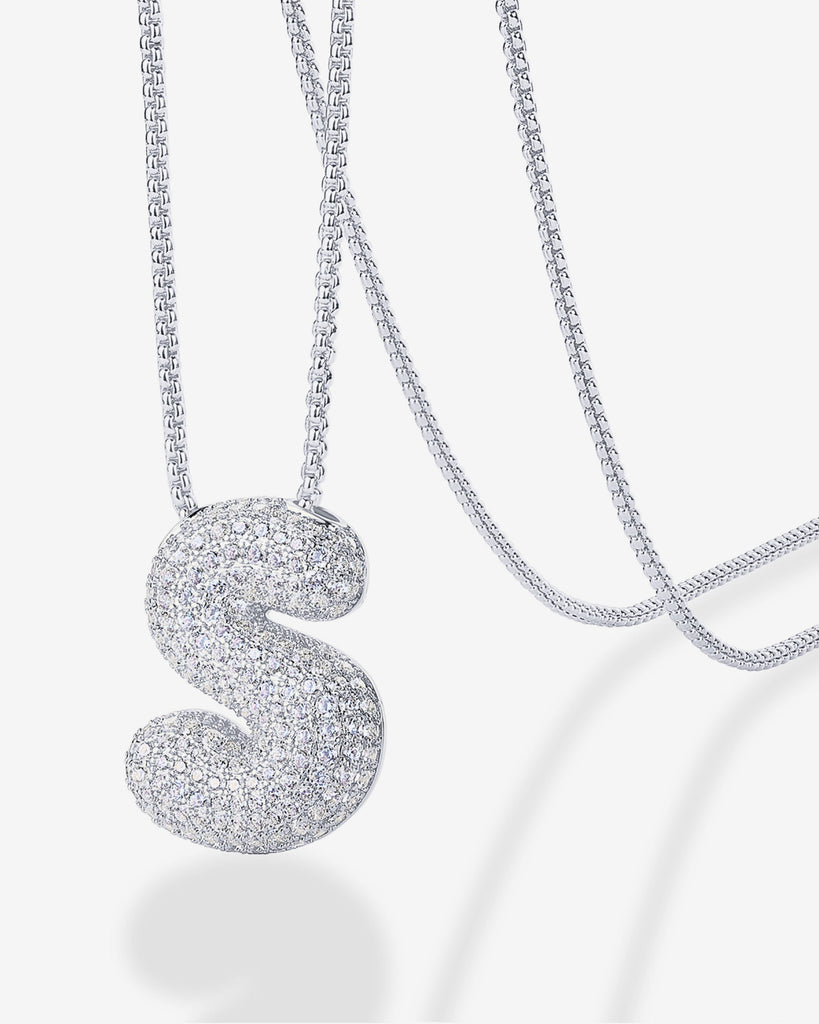 Sparkling Bubble Letter Pendant Necklace #Variant_White Gold_S  