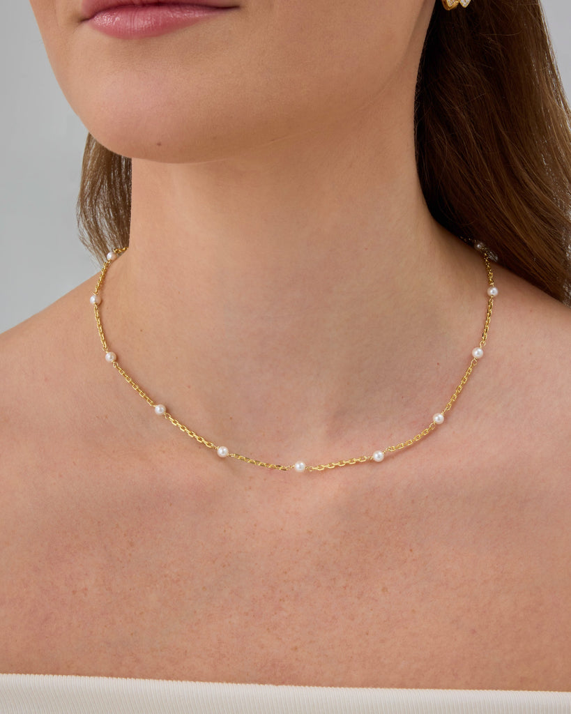 Pearl Station Chain Necklace #Variant_White Gold Pearl 