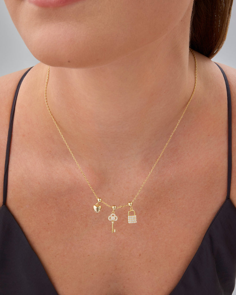 Lock and Key Charm Necklace #Variant_Yellow Gold Charms 