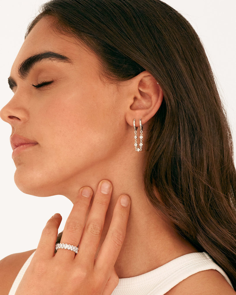 Cubic Zirconia Chain Earrings #Variant_White Gold Earrings 