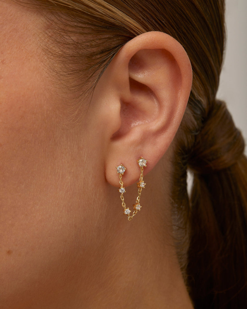 Chained Station Double Piercing Studs #Variant_White Gold Earring 