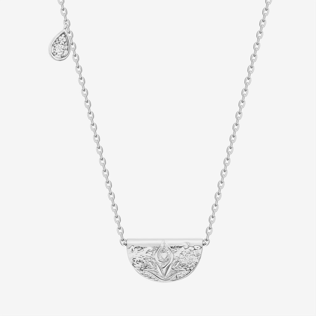 Lotus Engraved Pendant Necklace White Gold Necklace 
