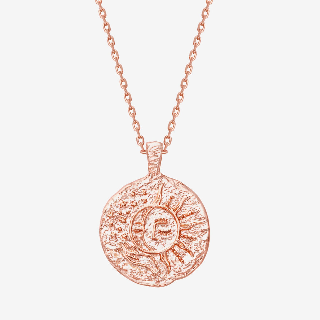 Sun-Moon Engraved Coin Pendant Rose Gold Necklace 