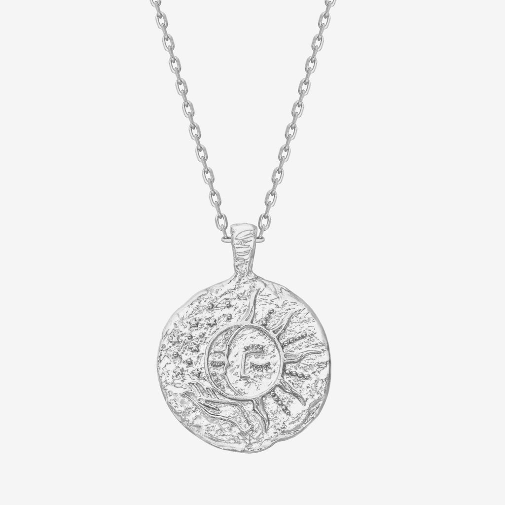 Sun-Moon Engraved Coin Pendant White Gold Necklace 