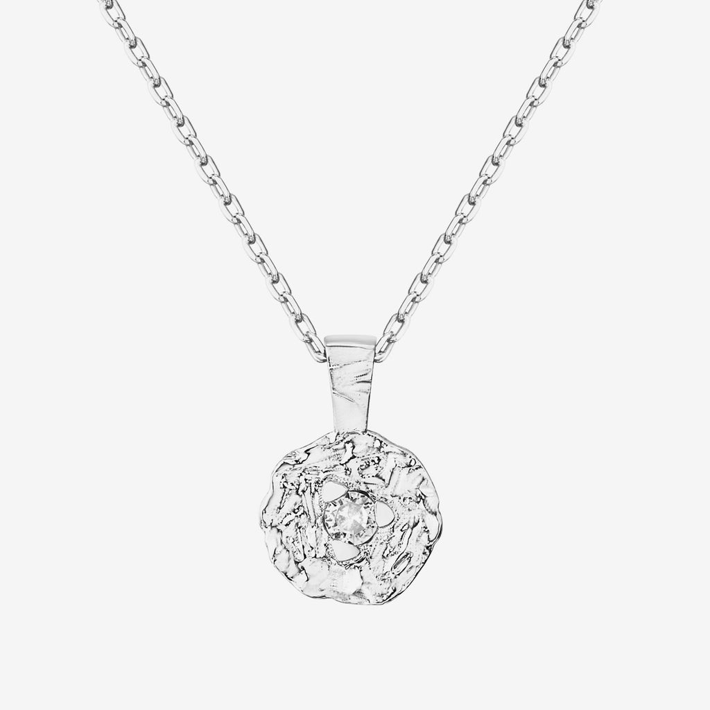 Hammered Coin Pendant White Gold Necklace 