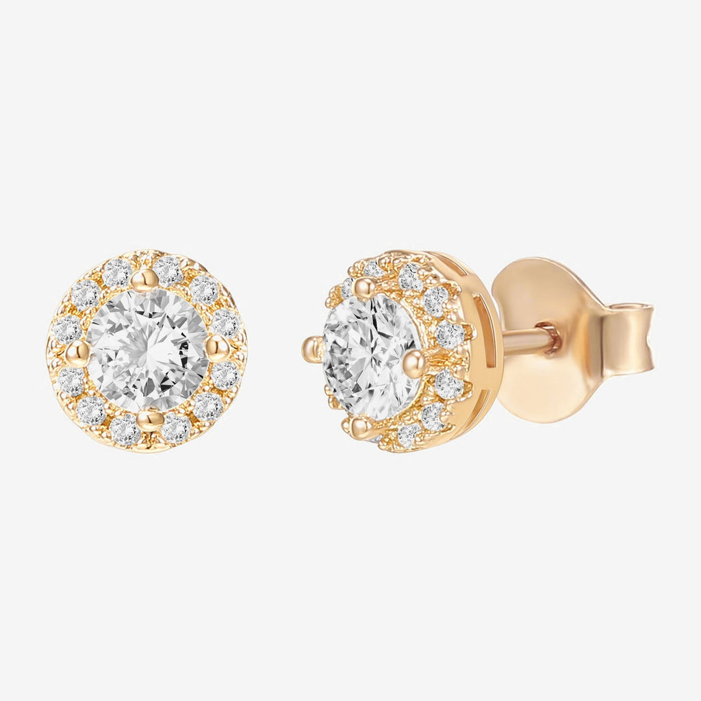 Small Halo Studs Yellow Gold Earring 