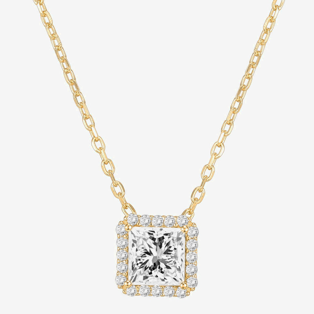 Princess Cut Halo Necklace Yellow Gold Necklace 