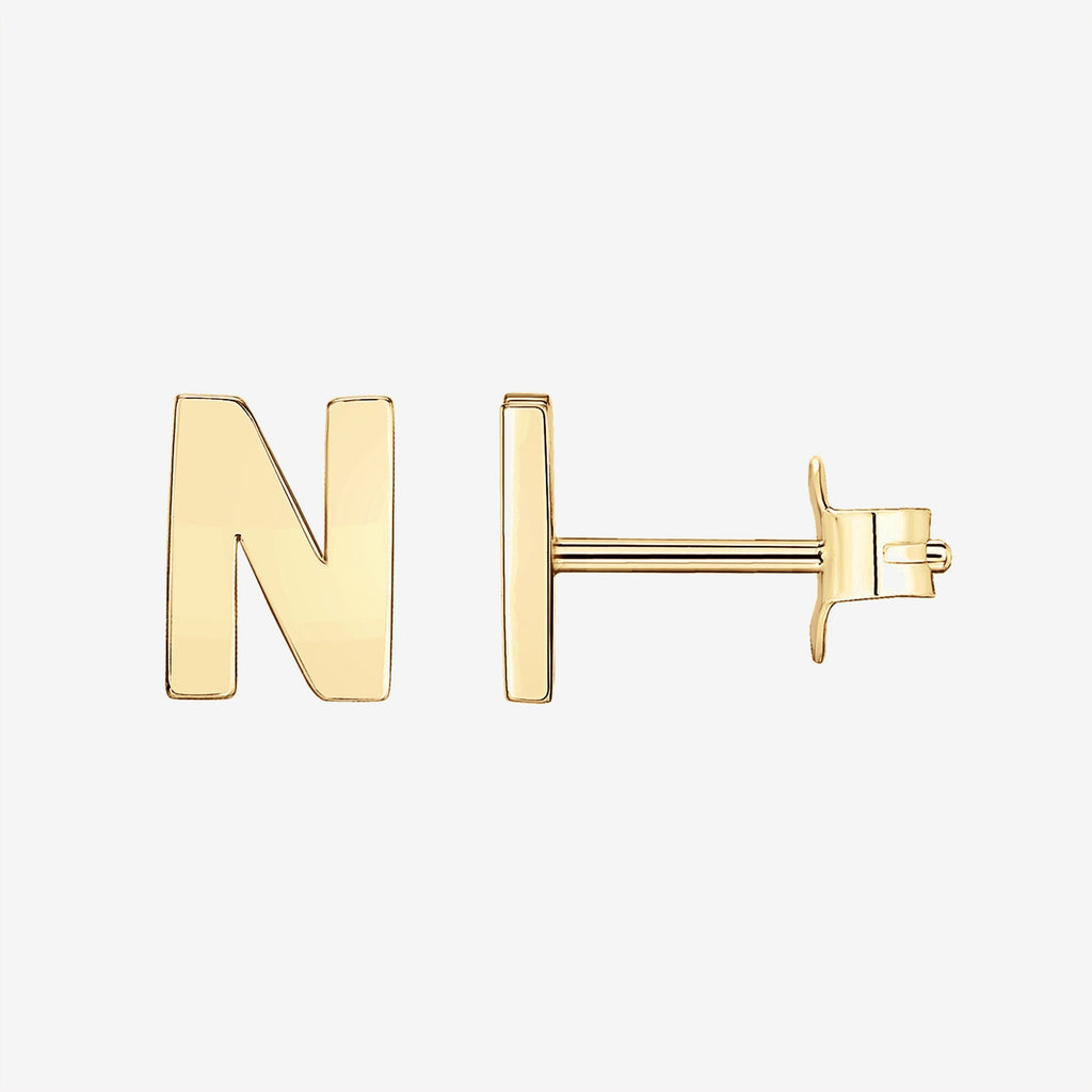 Initial Studs N, Yellow Gold Earring 