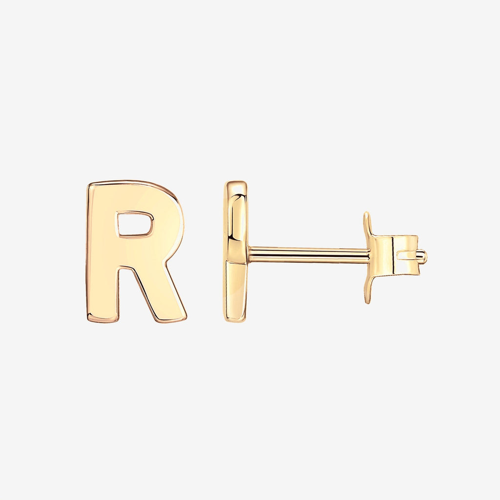Initial Studs R, Yellow Gold Earring 