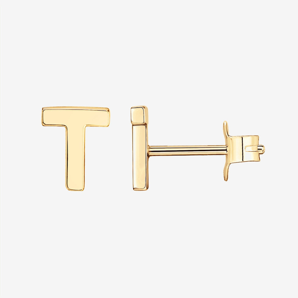 Initial Studs T, Yellow Gold Earring 
