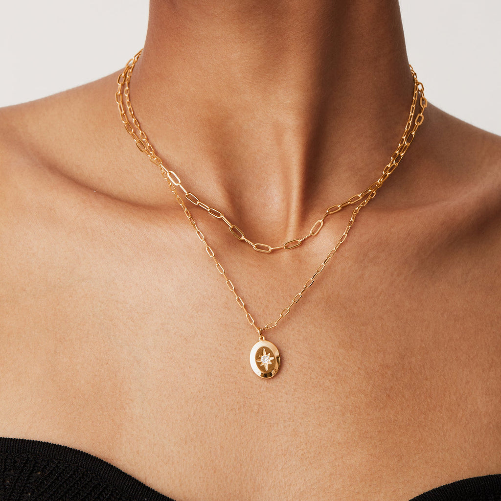 Double Star Pendant Yellow Gold Necklace 