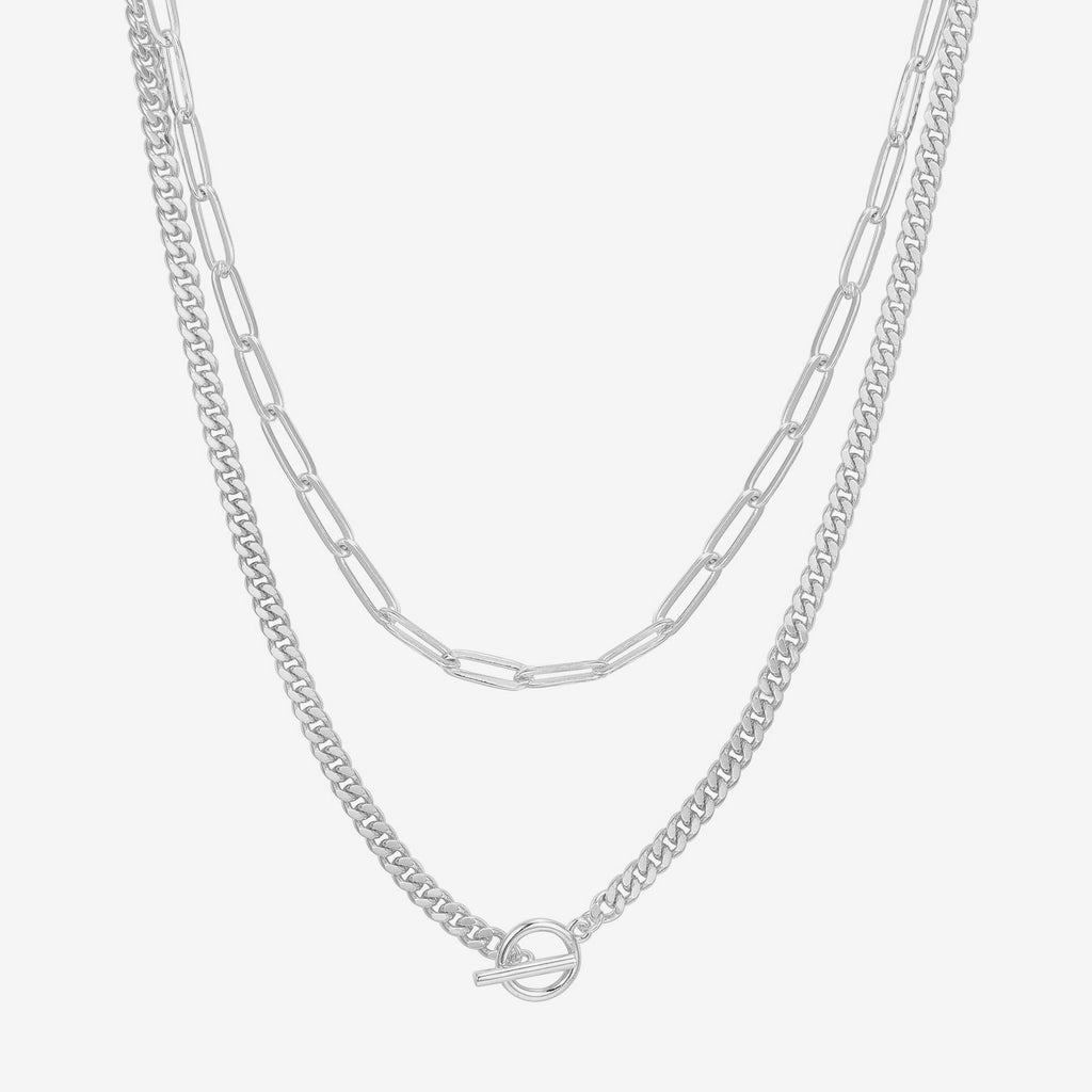 Layered Chain Circle Necklace White Gold Necklace 