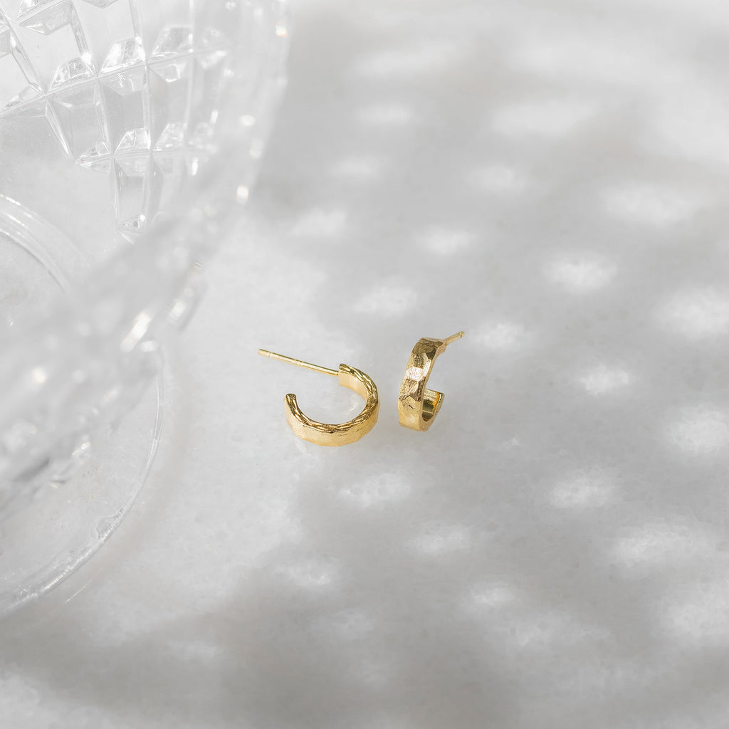 Hammered Thick Hoop Yellow Gold Earring 