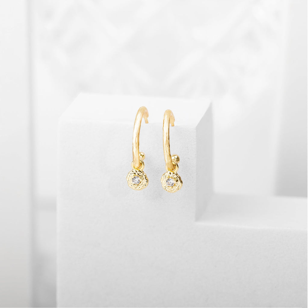 Drop Hammered Hoops Yellow Gold Earring 