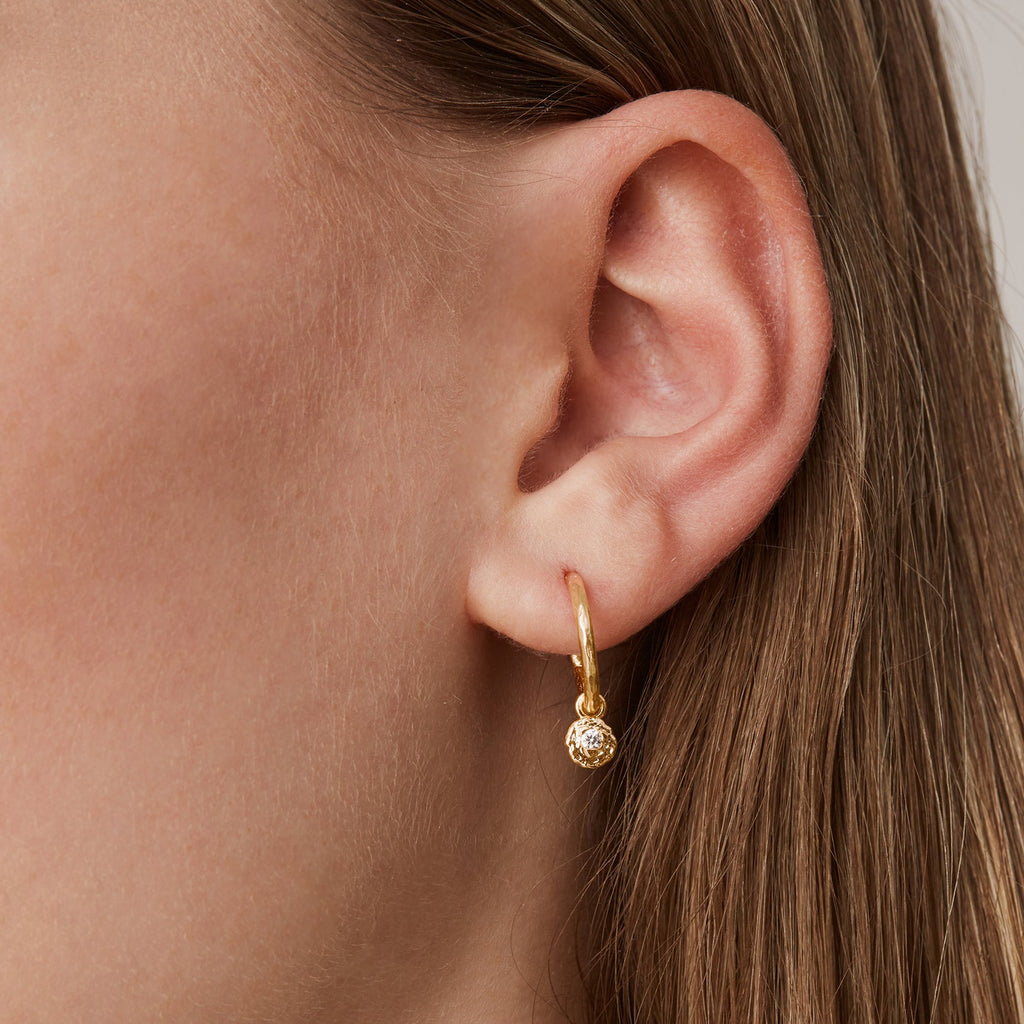 Drop Hammered Hoops Yellow Gold Earring 