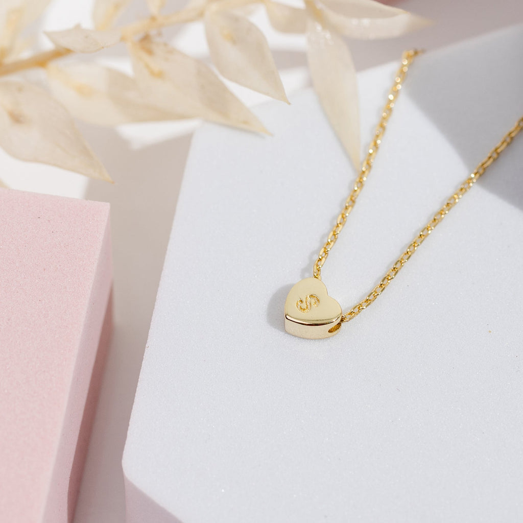 Dainty Heart Initial Necklace A, B, C, D, E, F, G, H, I, J, K, L, M, N, O, P, Q, R, S, T, U, V, W, X, Y, Z, Yellow Gold Necklace 