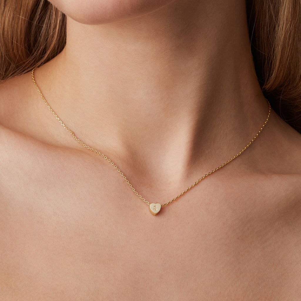 Dainty Heart Initial Necklace A,B,C,D,E,F,G,H,I,J,K,L,M,N,O,P,Q,R,S,T,U,V,W,X,Y,Z, Yellow Gold Necklace 