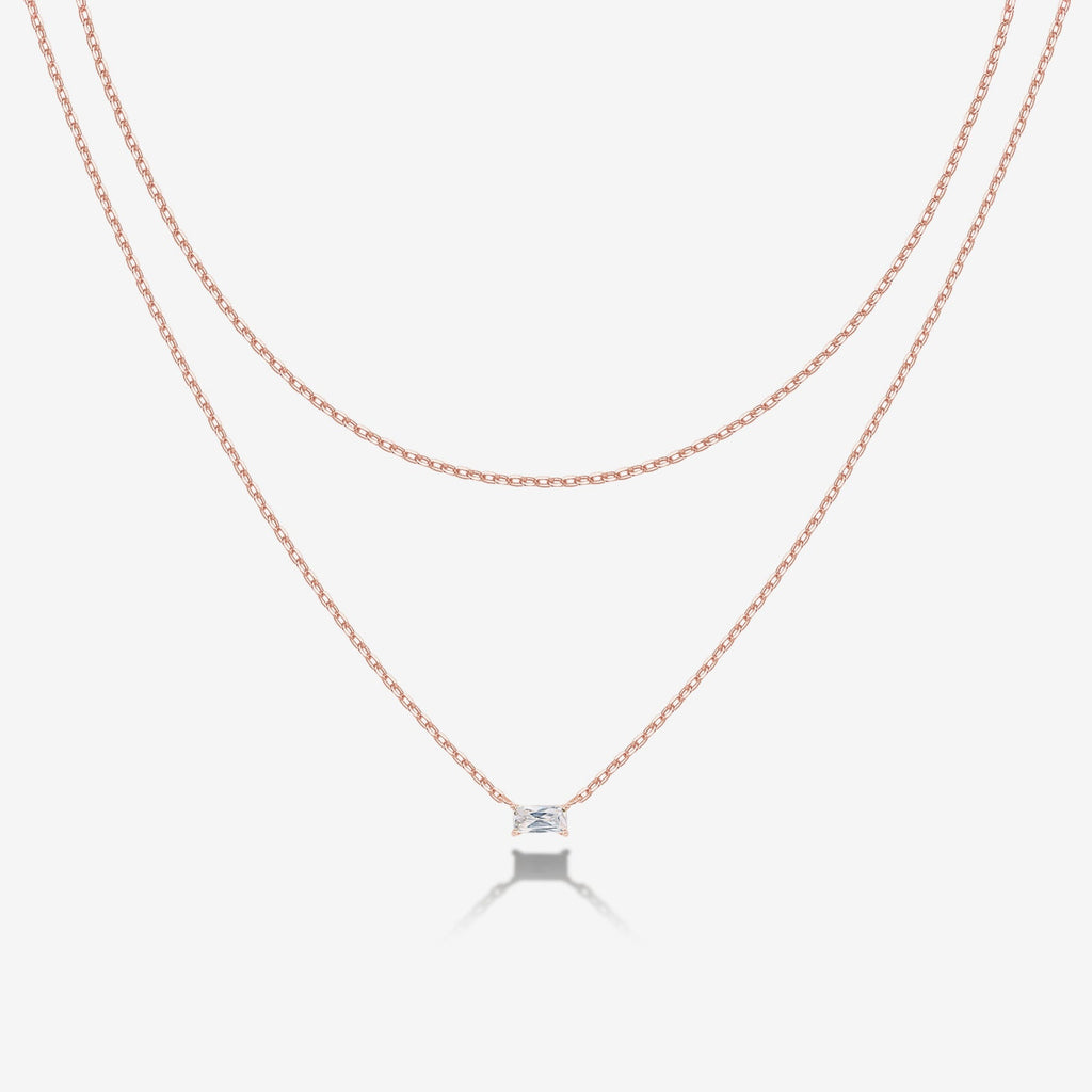 Layered Baguette Pendant Necklace Rose Gold Necklace 