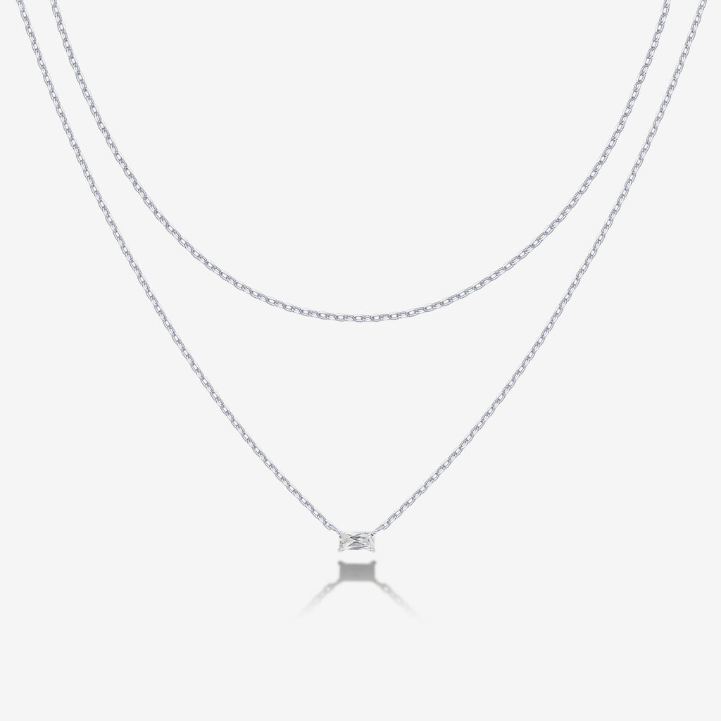 Layered Baguette Pendant Necklace White Gold Necklace 