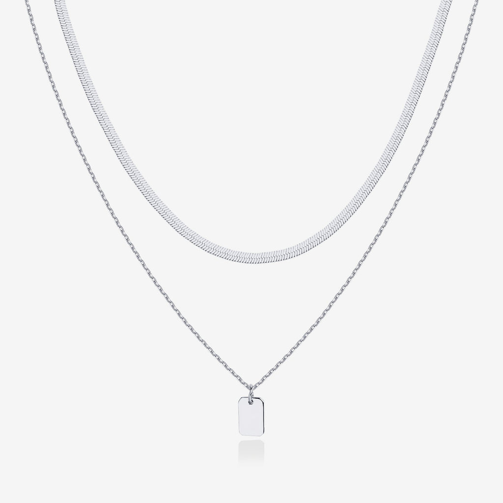 Layered Dog Tag Pendant Necklace White Gold Necklace 
