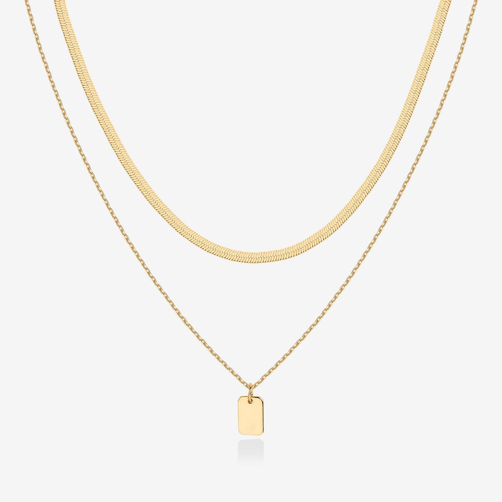 Layered Dog Tag Pendant Necklace Yellow Gold Necklace 