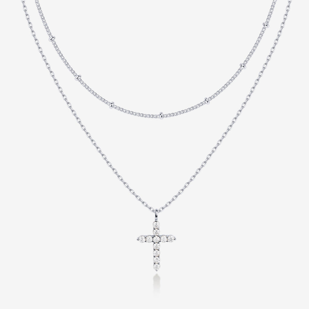 Layered Cross Pendant Necklace White Gold Necklace 