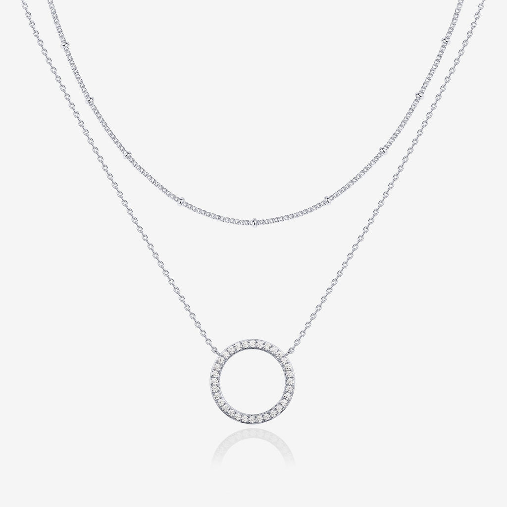 Layered Open Circle Pendant Necklace White Gold Necklace 
