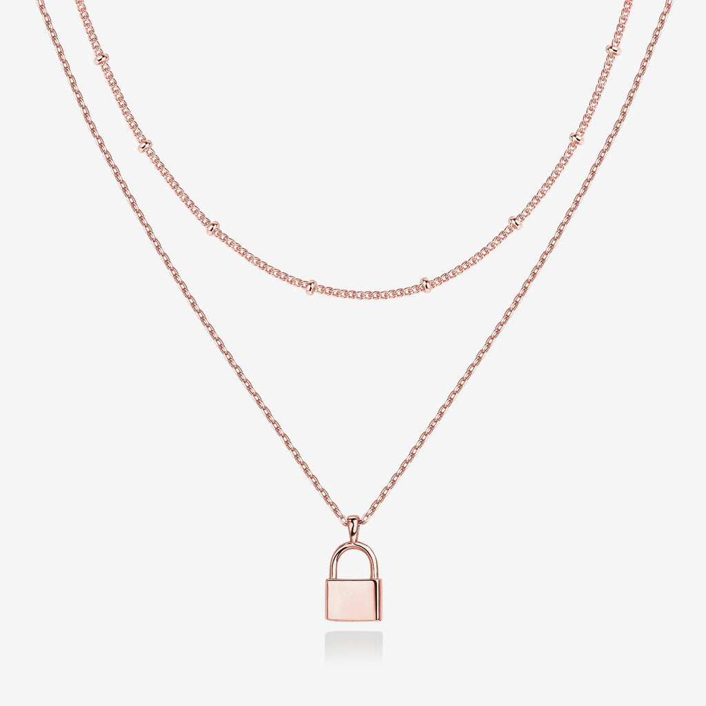 Layered Lock Pendant Necklace Rose Gold Necklace 