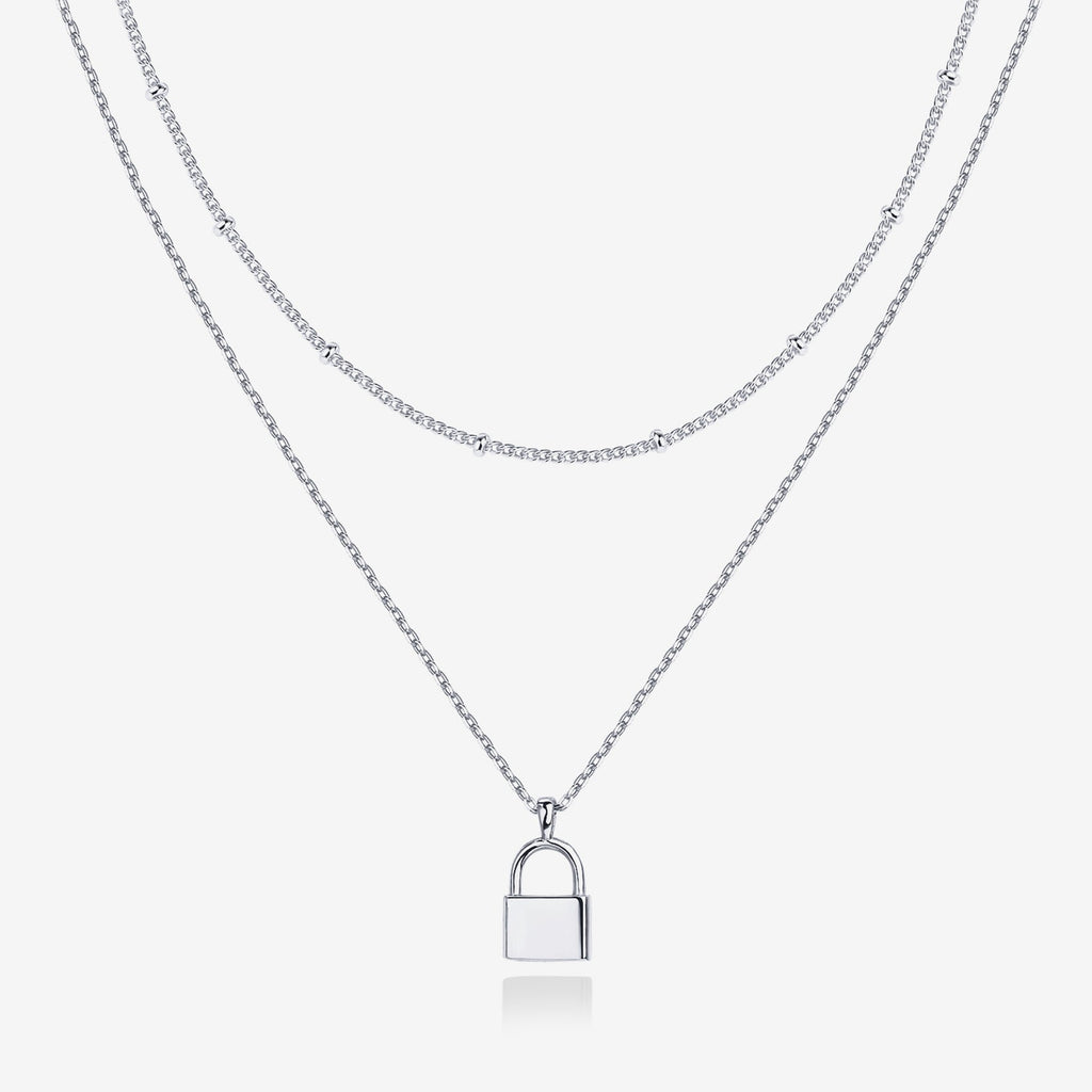 Layered Lock Pendant Necklace White Gold Necklace 