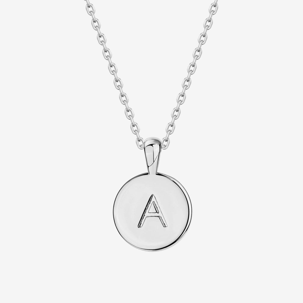 Initial Disc Pendant A, White Gold Necklace 