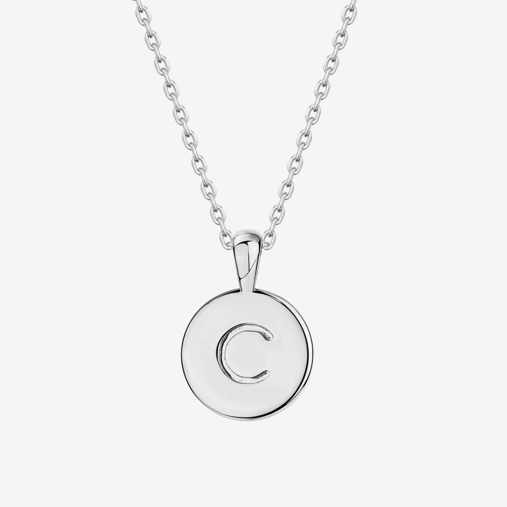 Initial Disc Pendant C, White Gold Necklace 