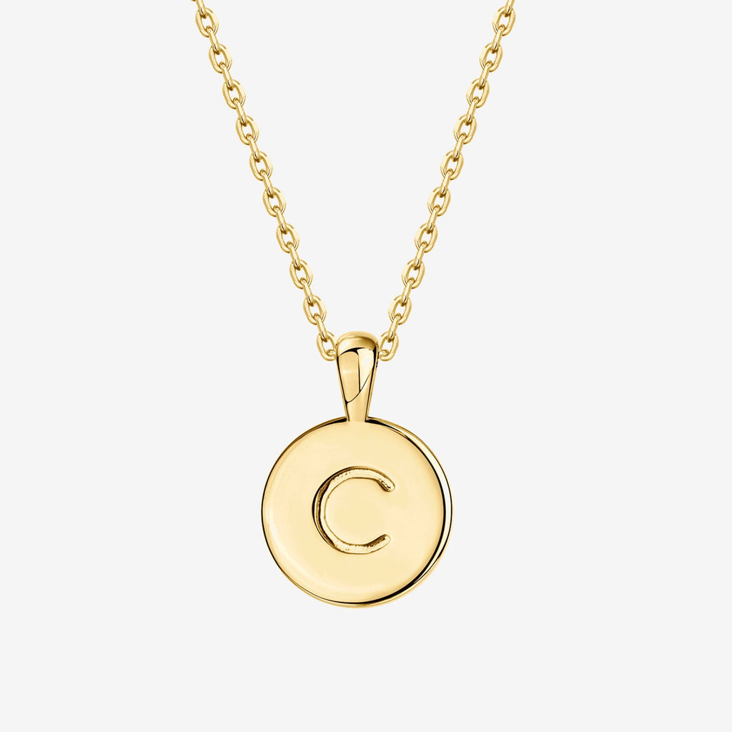 Initial Disc Pendant C, Yellow Gold Necklace 