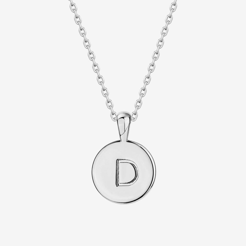 Initial Disc Pendant D, White Gold Necklace 